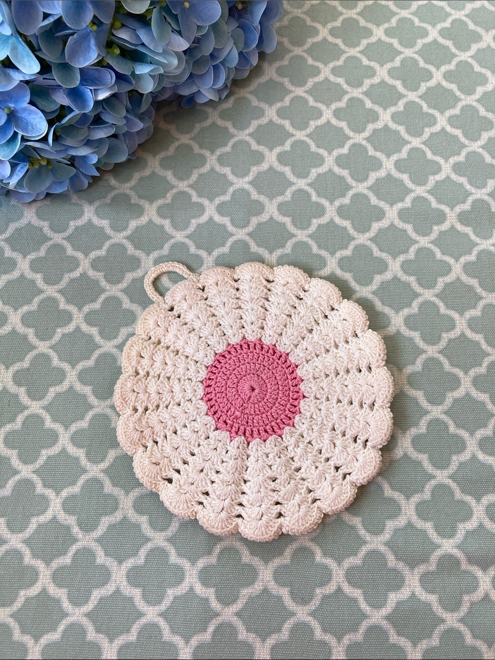Floral Crochet Hot Pad Pink White